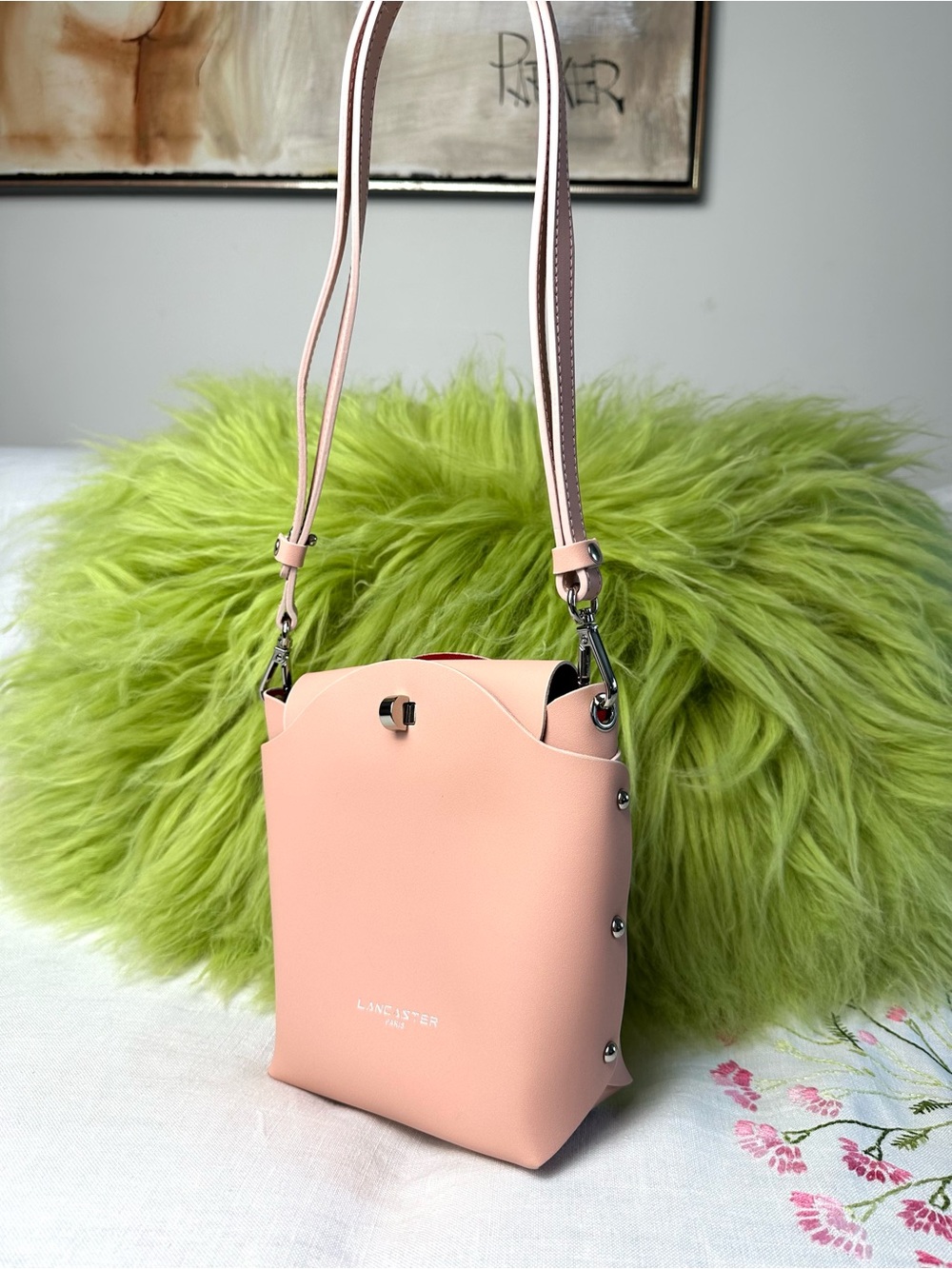 Lancaster Paris Leather Mini Bucket Crossbody Bag Blush Pink Made in France